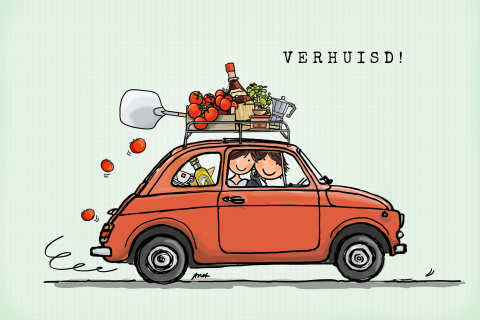 Unieke verhuiskaart met illustratie oldtimer aan het verhuizen