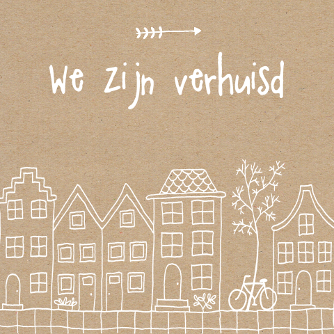 Verhuiskaart met huisjes en fiets op kraft