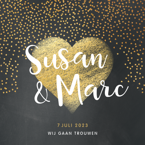 Trouwkaart met gouden hartjesregen