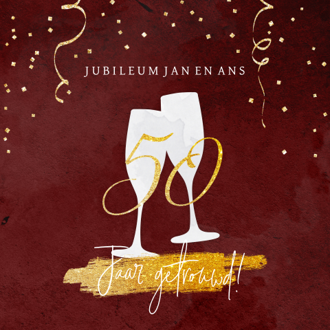 Chique jubileumkaart met champagne en confetti in goudlook