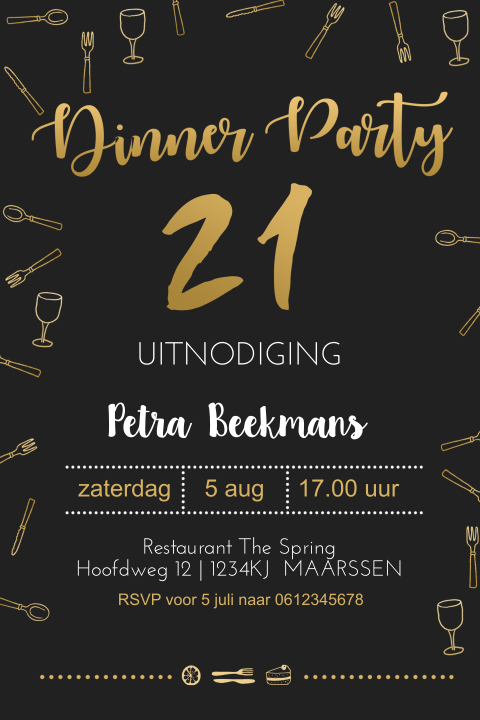Hippe verjaardagsuitnodiging 21 jaar met goudlook illustraties