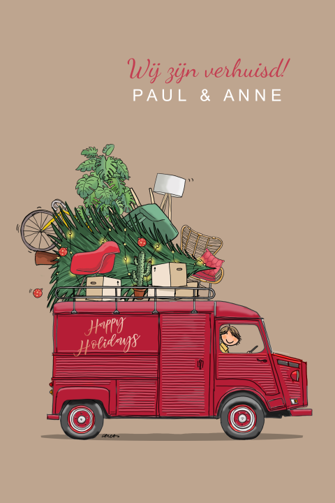 Unieke kerstverhuiskaart met tekening rood busje met kerstboom