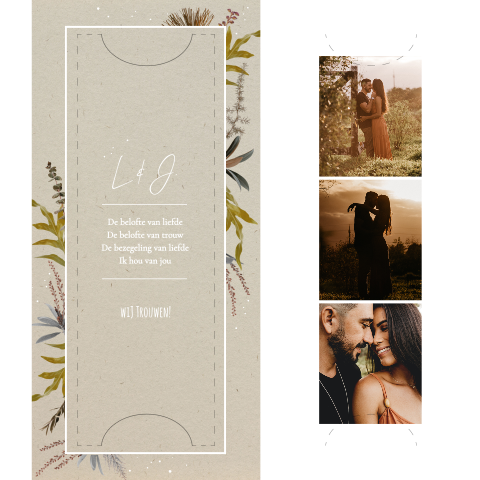 Label trouwkaart met polaroid en takjes op beige achtergrond