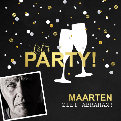 Hippe goudfolie verjaardagsuitnodiging 50 jaar met confetti en foto