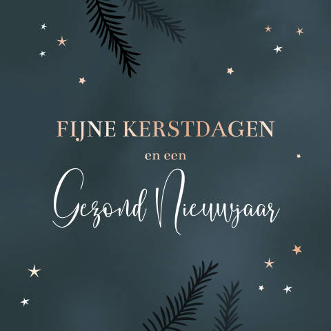 Een stijlvolle kerstkaart met dennentakjes sterren en roséfolie