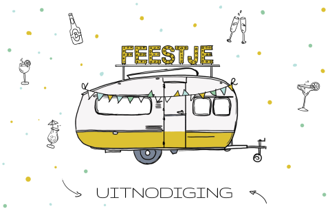 Vrolijke verjaardagsuitnodiging met tekening van caravan en slingers