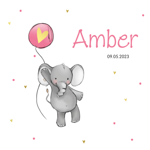 Goudfolie babykaart meisje met olifant en ballon