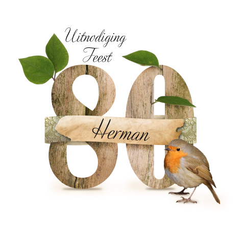 Originele uitnodiging verjaardag 80 jaar met hout en vogel