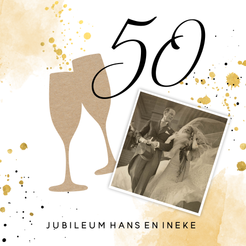 Stijlvolle uitnodiging 50 jarig huwelijk met champagne en foto