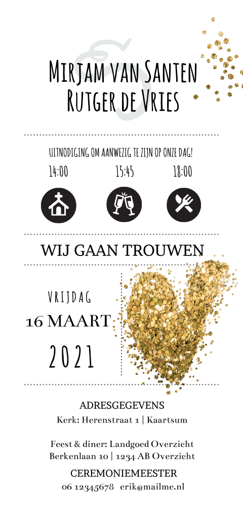 Hippe trouwkaart met goudkleurig glitterhart