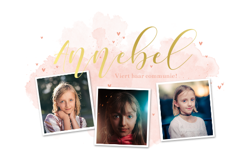 Goudfolie communiekaart meisje met foto's en hartjes