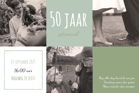 Hippe uitnodiging 50 jarig huwelijk met foto en groene blokken