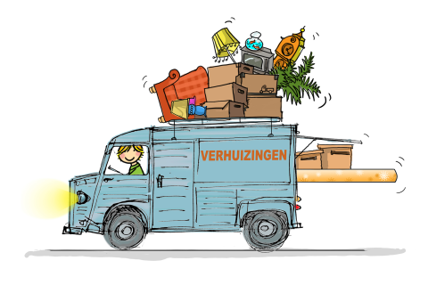 Hippe verhuiskaart met oude verhuisauto en meubels