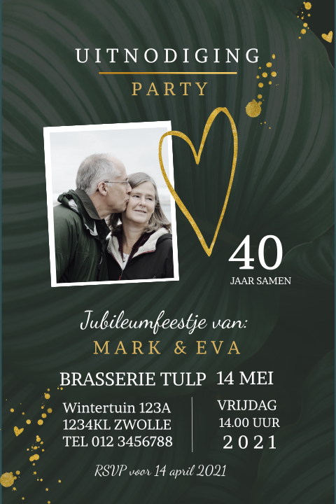 Jubileumkaart met donkergroen blad en goudkleurige accenten