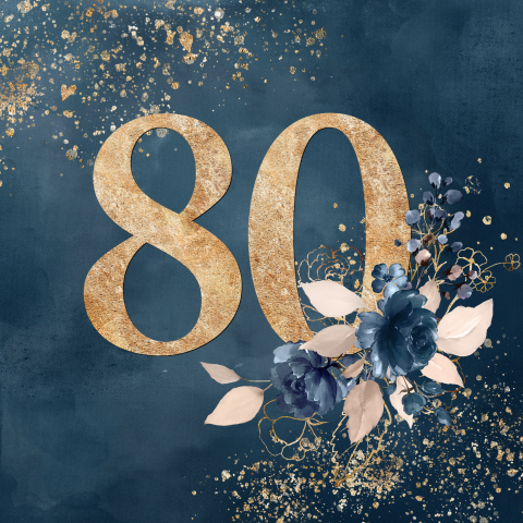 Stijlvolle uitnodigingskaart 80 jaar met bloemen op donkerblauw