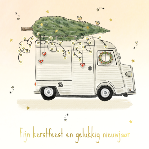 Getekende kerstkaart met Citroën bus en kerstboom - goudfolie