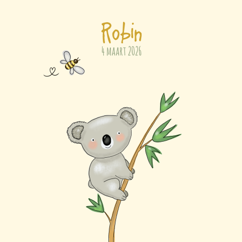 Schattig geboortekaartje met een koala op een tak en bij