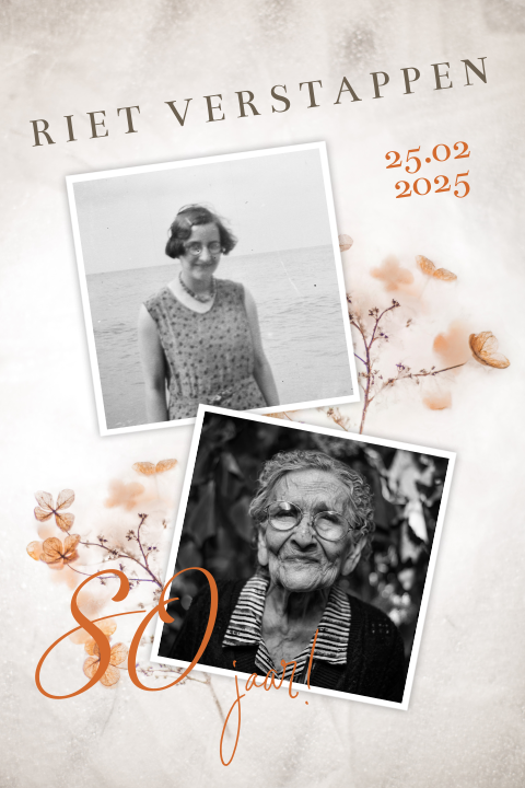 Stijlvolle uitnodiging 80 jaar verjaardag met foto en bloemen