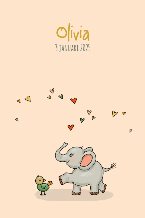 Schattig geboortekaartje voor een meisje met olifant en vogel