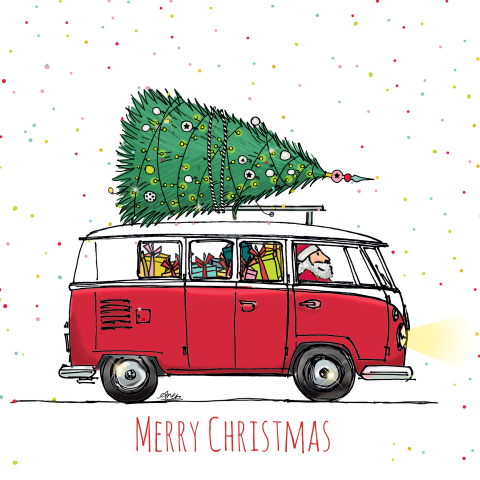 Originele zakelijke kerstkaart met kerstman in busje