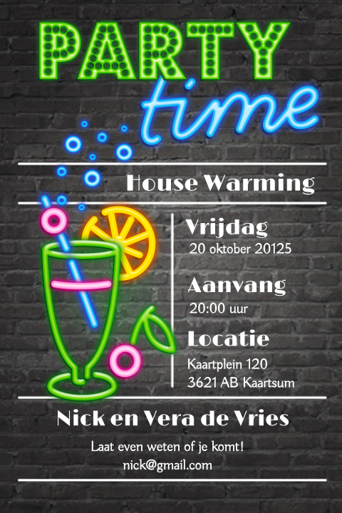 Verhuiskaart met neon thema en een cocktailglas