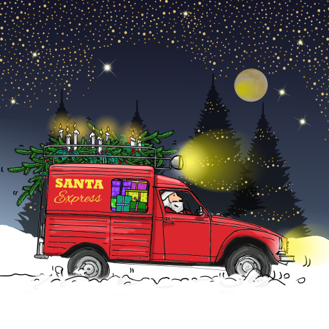 Sfeervolle kerstkaart met rood bestelbusje bij middernacht