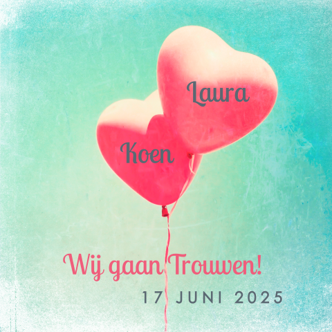 Romantische trouwkaart met watercolour en hartjesbalonnen 
