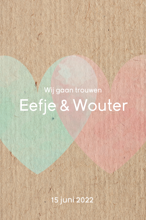 Originele trouwkaart met twee harten in watercolour