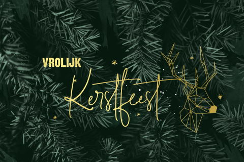Goudfolie kerstkaart met dennengroen en chique rendier