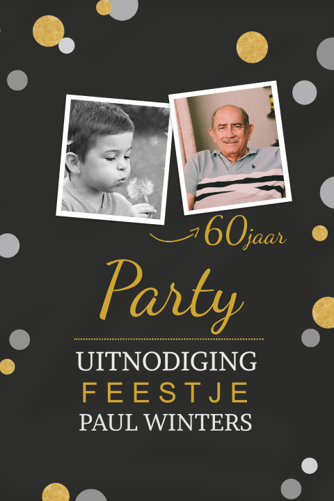 Uitnodigingskaart met foto's en confetti in goudlook