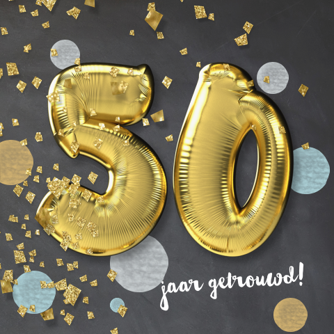 Vrolijke uitnodiging gouden huwelijk met ballonnen