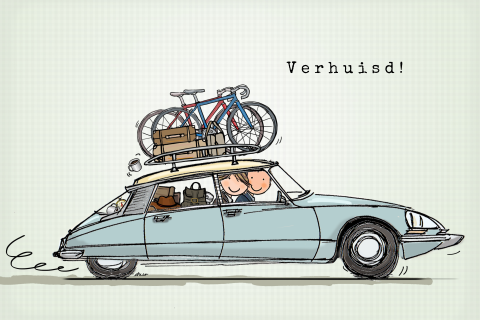 Hippe verhuiskaart met oldtimer aan het verhuizen