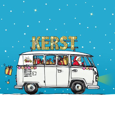 Fancy kerstkaart in blauw met busje