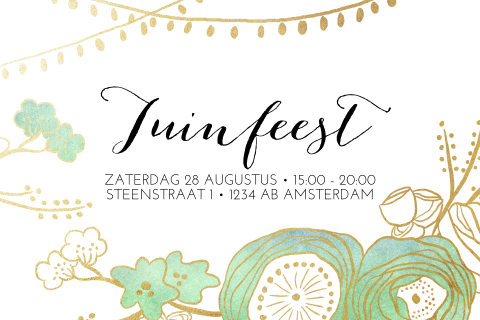 Tuinfeest uitnodiging met getekende tuin en lampjes-slinger