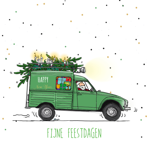 Hippe kerstkaart met groene bestelwagen