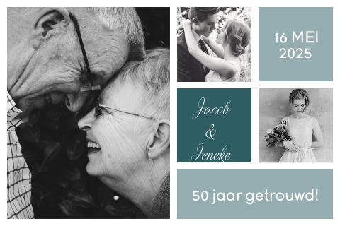 Ontwerp een jubileumkaart met foto's en blauwe vakken | Liggend dubbel