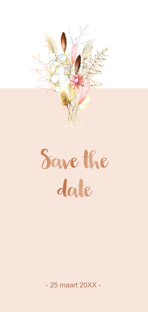 Save the date kaart met droogbloemen en hoogglans