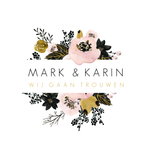 Trouwkaart met takjes en bloemen in goudlook, roze en zwart