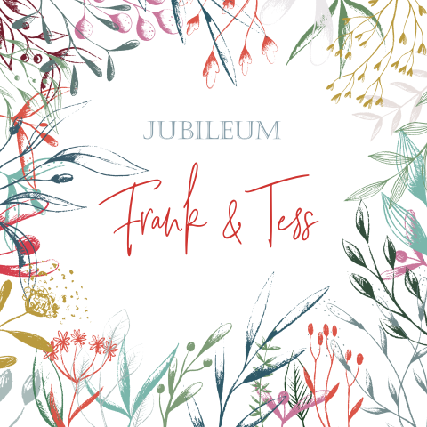 Vrolijke jubileumkaart met takjes in hippe kleuren