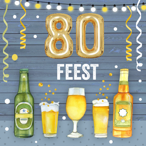 Uitnodiging met bier en confetti voor 80-jarige