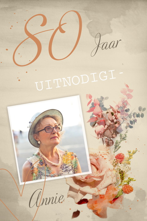 Vintage verjaardag uitnodiging 80 jaar met foto en roos