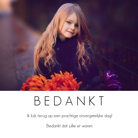 Minimalistische bedankkaart communie voor meisje met foto
