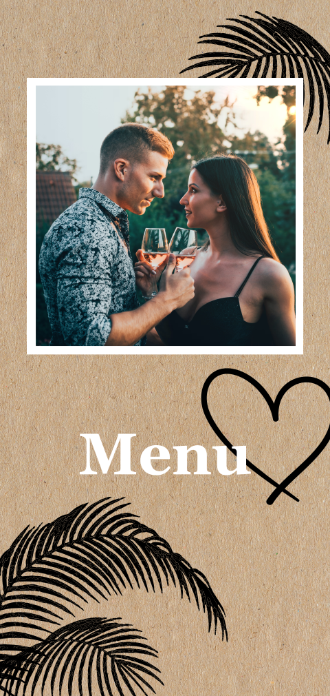 Stoere menukaart met takjes en hartjes op kraftlook