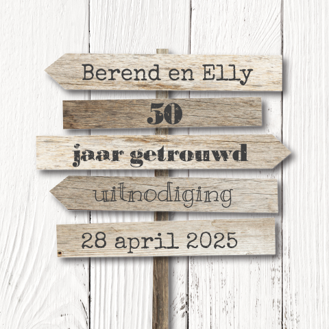 Stoere uitnodiging jubileum 50 jaar getrouwd met wegwijzer