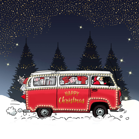 Zakelijke kerstkaart met kerstman in een rood busje