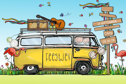 Vrolijke uitnodigingskaart met een busje en feestelijke elementen