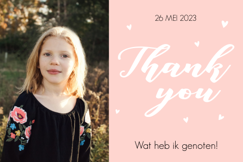 Romantische bedankkaart communie voor meisje met foto en roze hartjes