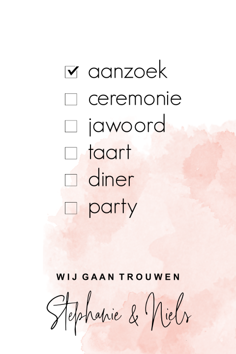 Humoristische uitnodiging bruiloft met roze waterverf