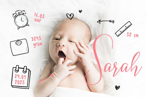 Trendy babykaartje meisje met foto en icoontjes