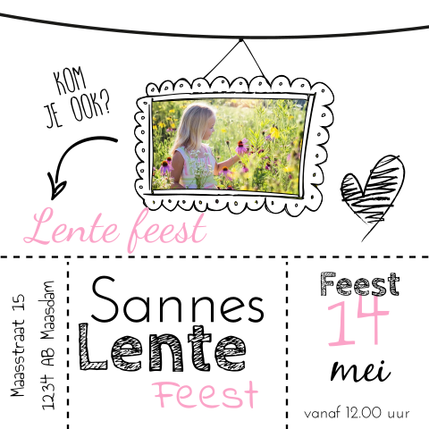 Uitnodigingskaart voor lentefeestje met foto en hartjes